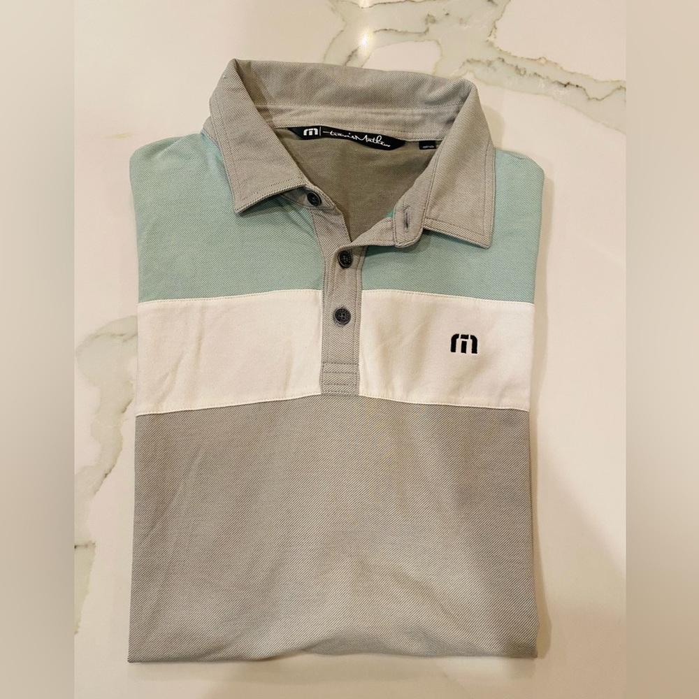Travis Mathew Grey Polo with Mint & White Colorblocks, Large
